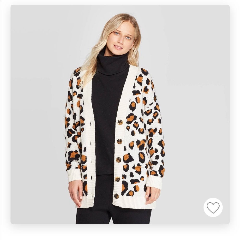 Who What Wear Cream Leopard Print Button Cardigan with Black and Brown Spots